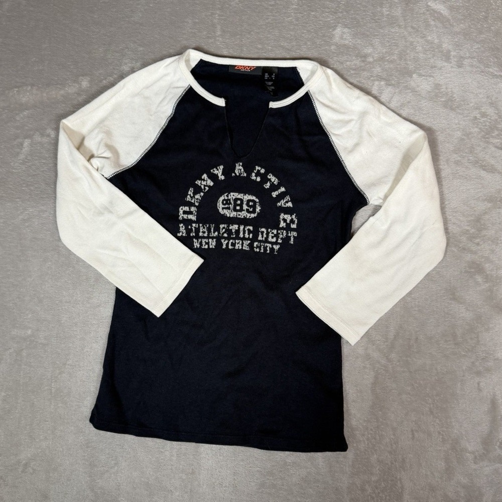 DKNY Active Women’s Navy/White Knit Cotton Colorblock Logo Raglan Tee, S